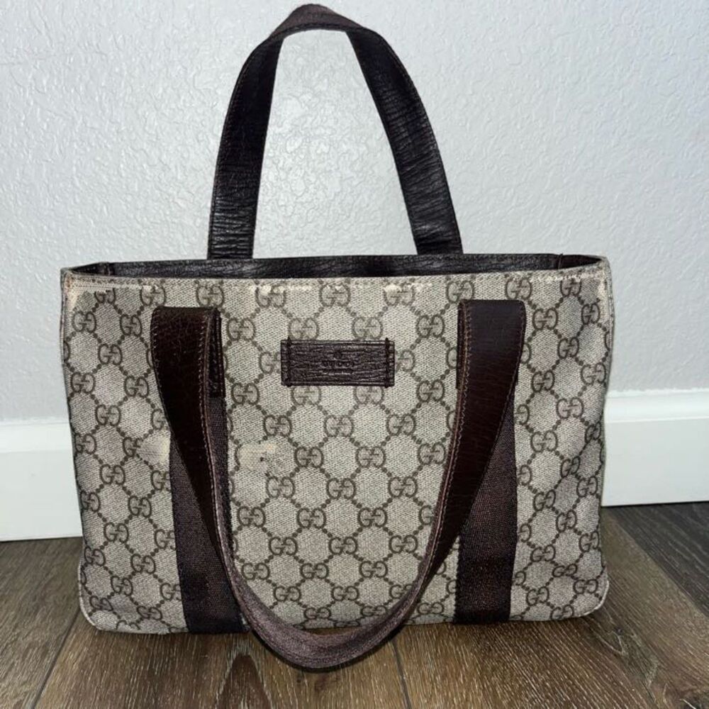 Gucci Gg Supreme PVC Handbag Tote Bag Women's Brown Beige Signature Small Tote